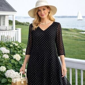 Talbots Polka Dot Fit Flare Midi Dress 10P Preppy Coastal Chiffon Minimalist